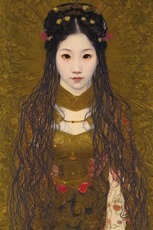 Prompt: portrait of beautiful young asian gothic maiden, highly detailed, artstation, illustration, art by Gustav Klimt