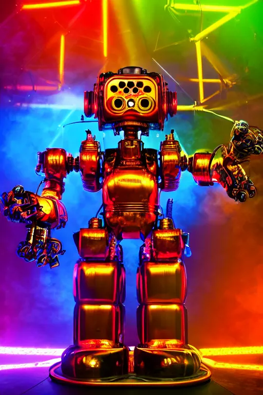 Image similar to portrait photo of a giant huge golden and blue metal humanoid steampunk robot dj with multicolored big gears and tubes, a red dj booth, eyes are glowing red lightbulbs, shiny crisp finish, 3 d render, 8 k, insaneley detailed, fluorescent colors, background is multicolored lasershow