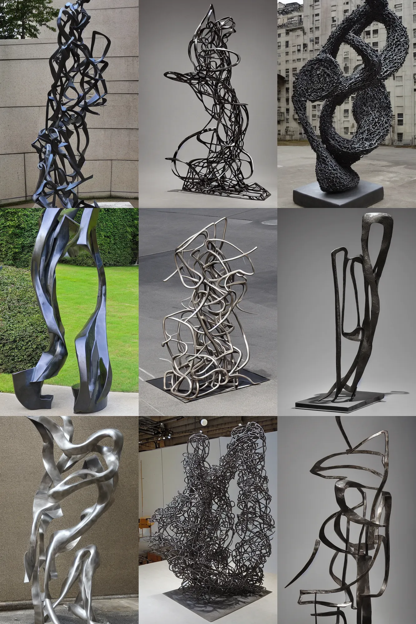 Prompt: Award-winning sculpture by Yoshitaka Amano ((((and Eduardo Chillida)))). Made of steel, hyper-detailed. Studio lightning