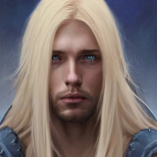 Prompt: 2 7 year old male with blue eyes and long straight blonde hair as a fantasy d & d character, closeup portrait art by donato giancola and greg rutkowski, realistic face, clean shaven, feminine features, digital art, trending on artstation, symmetry!!