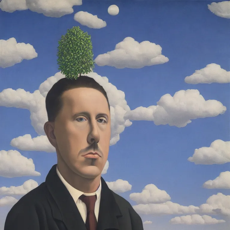 Prompt: portrait of maynard james keenan, clouds in the background, by rene magritte, detailed painting, distance, middle centered, hd, hq, high resolution, high detail, 4 k, 8 k