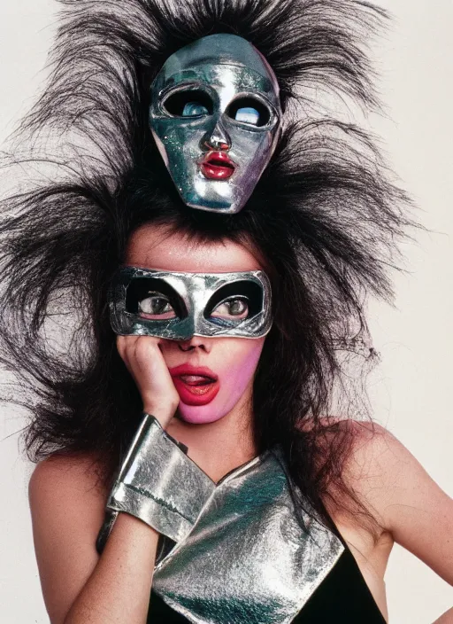Image similar to a fashion portrait photograph of a woman wearing a metal mask designed by david lachapelle, 3 5 mm, color film camera,