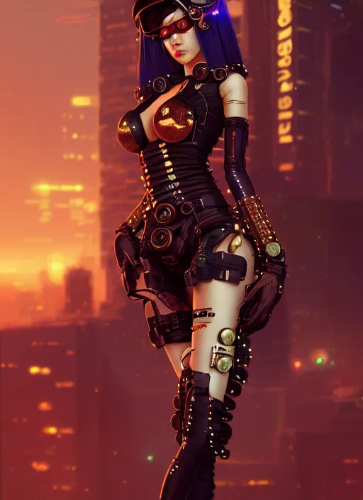 Image similar to soft lustrous ebony geisha seductive raver steampunk space cowgirl cyborg, golden ratio, details, scifi, fantasy, cyberpunk city, intricate, decadent, highly detailed, octane render, digital painting, artstation, concept art, sharp focus, illustration, art by artgerm, loish, wlop