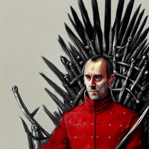 Prompt: Stannis Baratheon sitting on the Iron Throne, jakub rozalski, deviantart, sharp focus, dim lighting