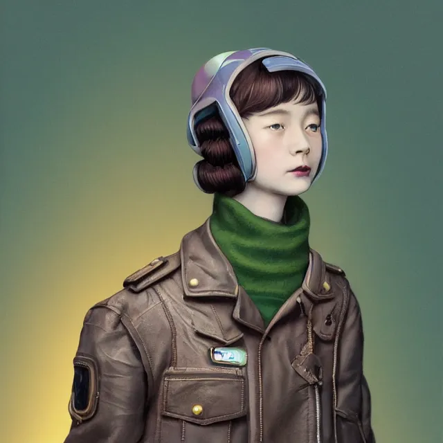 Image similar to highly detailed portrait of alone androgynous girl wearing bakelite leather jacket, bakelite rocky mountains, moss green japanese haunted forest background, by hsiao - ron cheng and artgerm, modular synthesizer 8 0 s sony stereo helmet backpack, the grand budapest hotel, glow, no crop, digital art, artstation, pop art