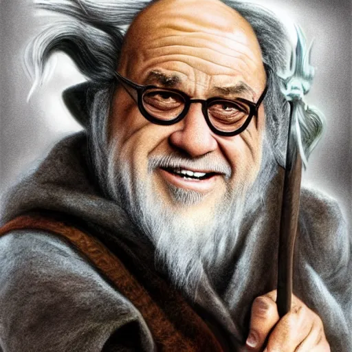 Prompt: danny devito as gandalf, deviantart, smile, ultra realistic illustration, final fantasy, high quality, full color, full body, lotr movies