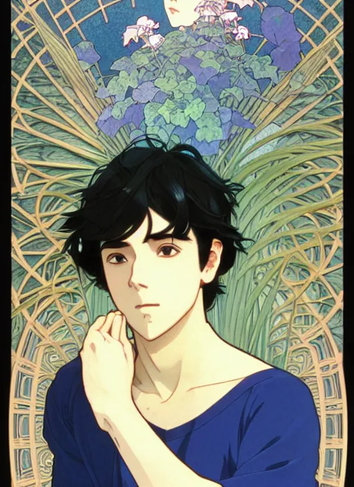 Image similar to handsome young man with short black hair, male, dressed in blue, looking down, half body shot, arms down, path traced, highly detailed, high quality, digital painting, by studio ghibli and alphonse mucha, leesha hannigan, hidari, art nouveau, chiho aoshima, posuka demizu, atey ghailan