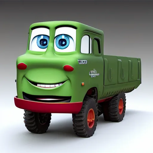 Image similar to HIMARS with eyes and smile, Cars Pixar movie style, detailed, green