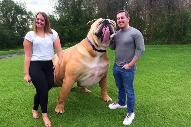 Prompt: a no person standing next to a giant bulldog and the bulldog is five times taller then the person