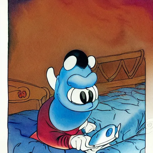 Image similar to the monster that lives under the bed, by carl barks, marc davis and glen keane, disney style watercolor