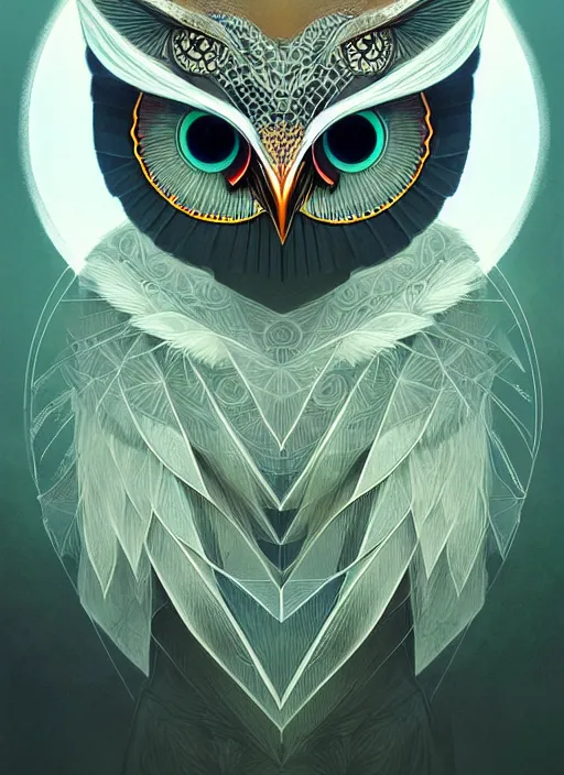 Image similar to portrait of a geometric owl, identical eyes, medium shot, illustration, full body made of white feathers, symmetrical, art stand, super detailed, cinematic lighting, and its detailed and intricate, gorgeous, by peter mohrbacher