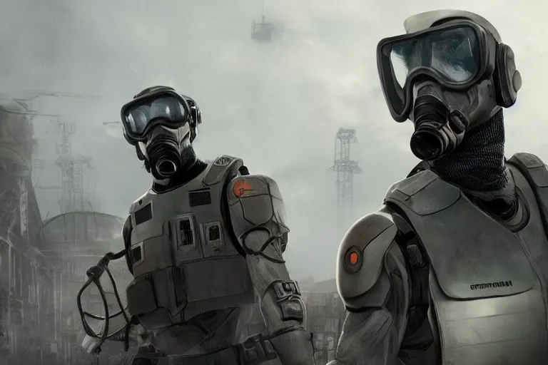 Image similar to vfx movie closeup real life gordon freeman holding wearing futuristic armor, half life logo on chest, crowbar in russian train yard, futuristic white swat team in gas masks approaching by emmanuel lubezki