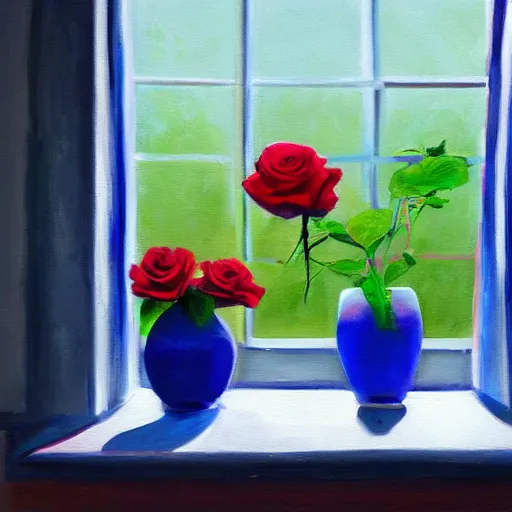 Image similar to A painting of a windowsill with two vases. One vase containing a red rose. And the other vase containing a blue violet. The natural light from the window would be shining in on the scene. Trending on artstation