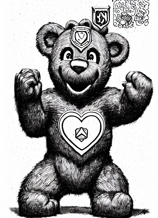 Prompt: a care bear as a d & d monster, on square background, pen - and - ink illustration, etching, by russ nicholson, david a trampier, larry elmore, 1 9 8 1, hq scan, intricate details, high contrast