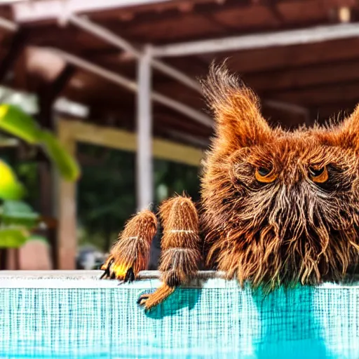 Prompt: a giant tarantula with a cute brown cat head, relaxing in a lounge chair next to a swimming pool