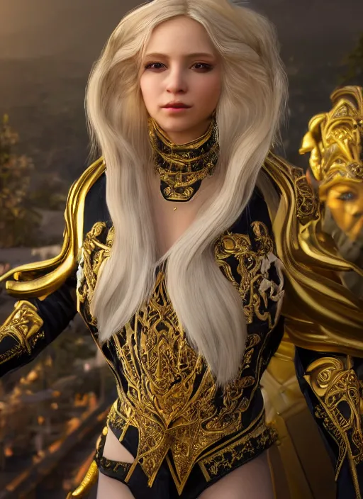 Image similar to a photo of 8 k ultra realistic humanoid princess with long blonde hair, standing next to a beautiful view, ornate white officers outfit with gold embellishments, cinematic lighting, trending on artstation, 4 k, hyperrealistic, focused, extreme details, unreal engine 5, cinematic, masterpiece