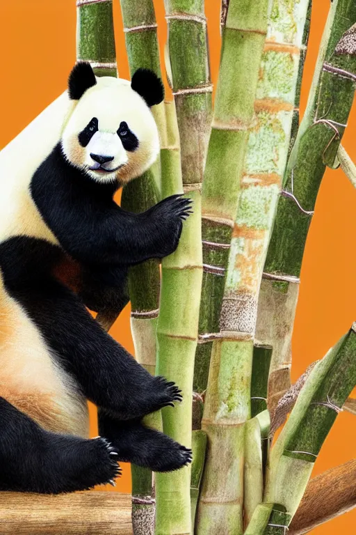 Image similar to Panda on orange chothes, bamboos on background