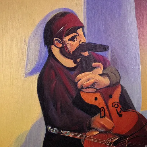 Image similar to oil painting of a greek rebetiko musician crying in the dark corner of a dirty room, light and shadow, paint knife, stylised