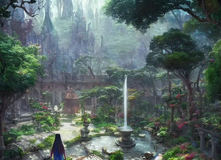 Image similar to A wide open courtyard in a beautiful, colorful elven city made of ivory, anime, lush trees, fountain, a fantasy digital painting by Greg Rutkowski and James Gurney, trending on Artstation, highly detailed