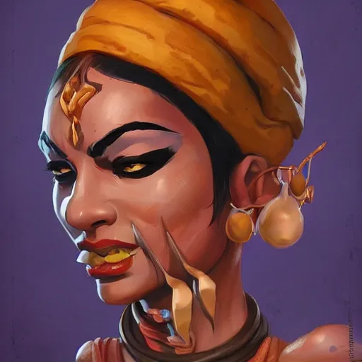 Image similar to portrait of a female Dhalsim from Streetfighter, League of Legend illustration by Sam Youn:3, profile picture by Gil Elvgren:3, asymmetrical, Organic Painting, Ambient Occlusion:3, Matte Painting, bold shapes, hard edges, street art, trending on artstation, realistic:2 by Sachin Teng:5