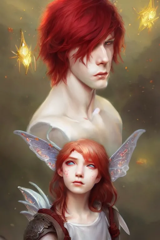 Image similar to young fairy prince, red hair, white eyes, highly detailed, d & d, fantasy, highly detailed, digital painting, trending on artstation, concept art, sharp focus, illustration, art by artgerm and greg rutkowski and fuji choko and viktoria gavrilenko and hoang lap