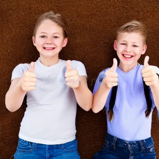 Prompt: twins making a thumbs up and smiling, photorealistic, stock photo