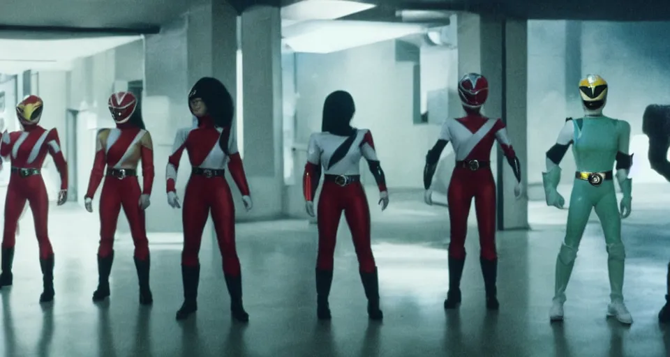 Prompt: Power Rangers film, a scene where A Woman in white is walking dark hallway at midnight, Dark cinematic color tones.