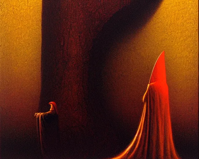 Image similar to lamprey by francis bacon, beksinski, mystical redscale photography evocative. devotion to the scarlet woman in her cathedral, priestess in a conical hat, coronation, ritual, sacrament