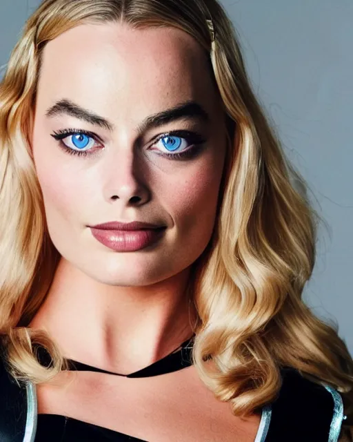 Image similar to A portrait of a margot robbie in a cosplay uniform, piercing eyes, highly detailed, bokeh, professional photograph, full body shot 4K, HD