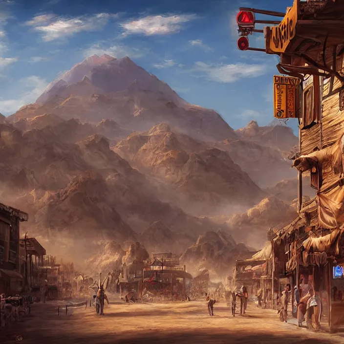 Image similar to old western style city bustling with people in the middle of a sandy flat desert with a single mountain on the very distant horizon. magic the gathering art, digital media