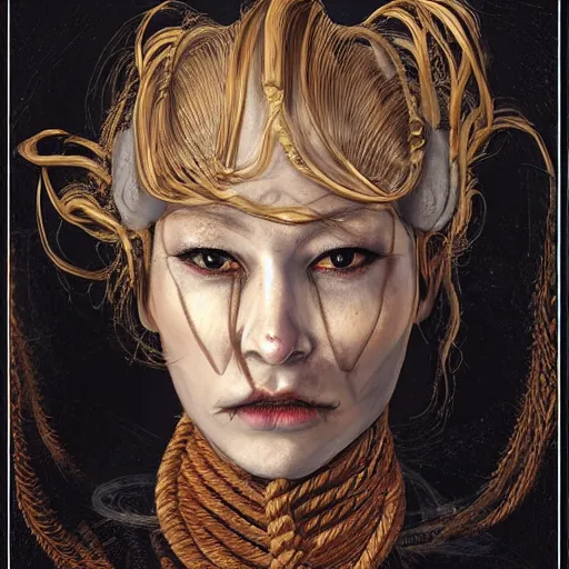 Image similar to portrait of a Shibari rope wrapped face and neck, headshot, insanely nice professional hair style, dramatic hair color, digital painting, of a old 15th century, old cyborg merchant, amber jewels, baroque, ornate clothing, scifi, realistic, hyperdetailed, chiaroscuro, concept art, art by Franz Hals and Jon Foster and Ayami Kojima and Amano and Karol Bak,