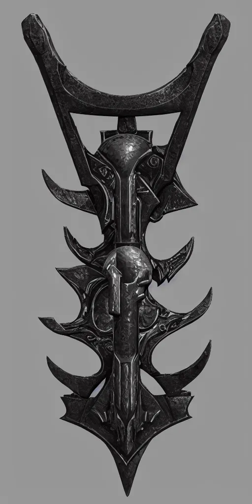 Image similar to a black and silver axe skull crest, ornament, dwarven weapon, by dom qwek, trending on artstation, hard surface modeling