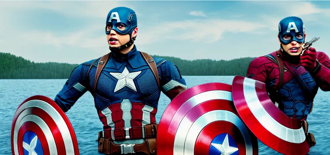 Image similar to a very high resolution image from a new movie. captain america eating pizza on a lake, photorealistic, photography, directed by wes anderson