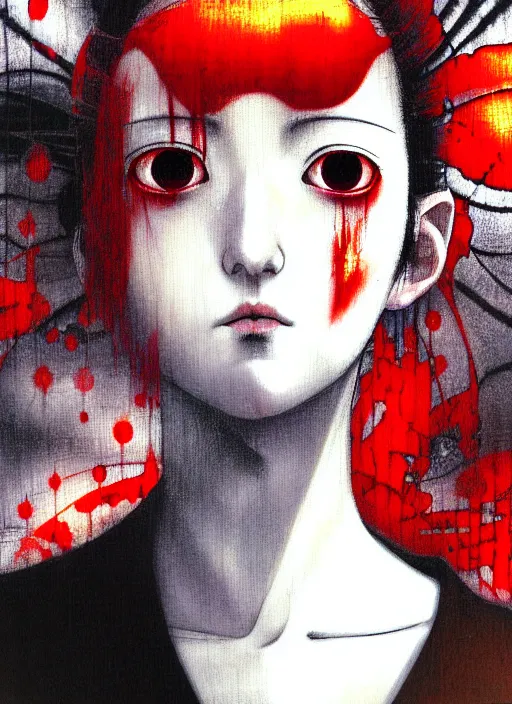 Image similar to yoshitaka amano blurred and dreamy realistic three quarter angle horror portrait of a sinister young woman with short hair, horns and red eyes wearing office suit with tie, junji ito abstract patterns in the background, satoshi kon anime, noisy film grain effect, highly detailed, renaissance oil painting, weird portrait angle, blurred lost edges