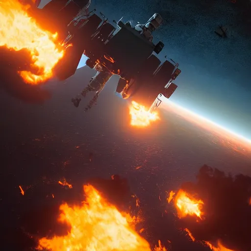 Image similar to international space station burning up while re - entry to earth, trending on artstation, artstationhd, octane render, imax, highly detailed, dystopian, hyperrealism, unreal engine, greg rutkowski, cinema 4 d