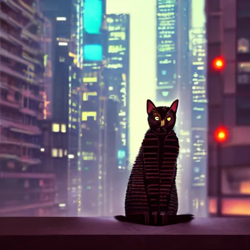 Image similar to cyberpunk cat sits in the city at twilight