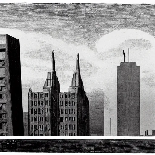 Image similar to an engraving of a storm battering a light tower skyscrapper, brutalism, in city downtown by edward hopper