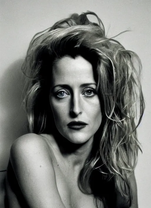 Image similar to a portrait of gillian anderson by mario testino, head shot, award winning, 1 9 9 0, 1 9 9 0 s grunge style, 1 9 9 0 grunge hairstyle, 1 9 9 0 s grunge makeup, sony a 7 r