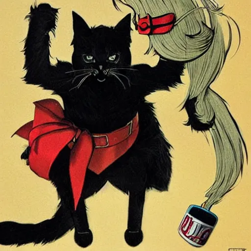 Prompt: a teenage boy with shaggy blond hair dressed as a black cat themed superhero. With cat ears, a tail, and a bell at his neck. Norman Rockwell, Ashley wood.