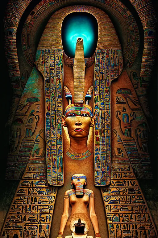 Image similar to a hyperrealistic painting of a ancient egyptian mummies tomb with magical iridescent scarabs and embellished ornate old statues walls of hieroglyphics, cinematic horror by chris cunningham, lisa frank, richard corben, highly detailed, vivid color, beksinski painting, part by adrian ghenie and gerhard richter. art by takato yamamoto. masterpiece