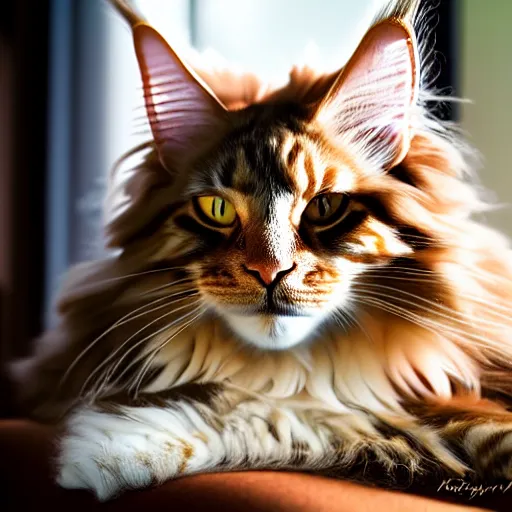 Image similar to portrait cream color maine coon cat curled up, bay window sofa, 8K, 4K, digital art, palette knife, oversaturated lens flair, bokeh, sunbeam, UE5