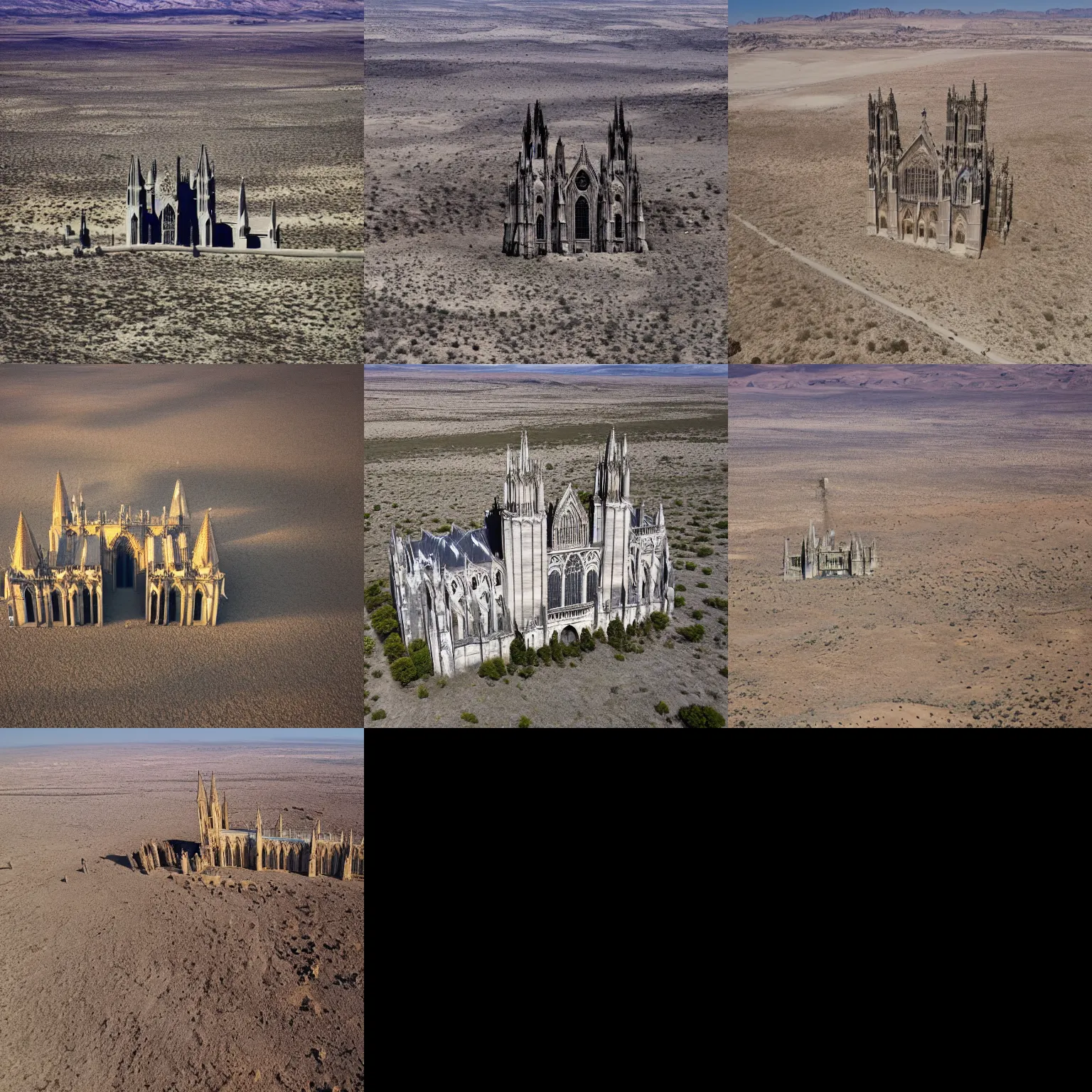 Prompt: gothic cathedral in a desert plateau ,view from above,8k,