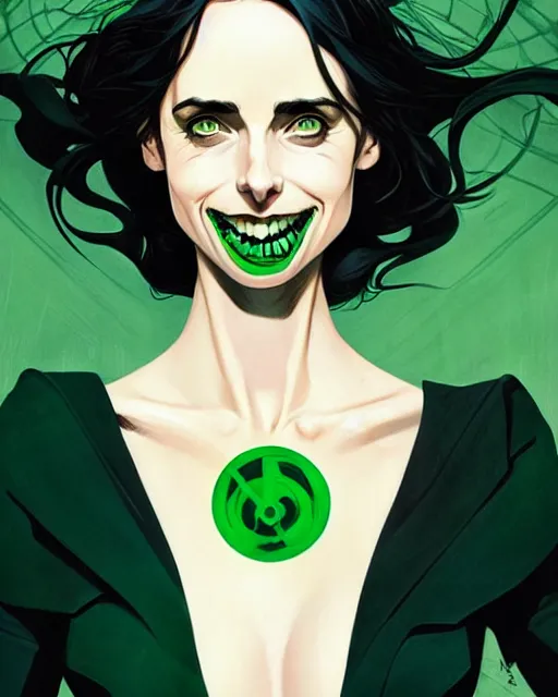 Image similar to style of Joshua Middleton comic book art, Nick Dragotta comic art, beautiful witch Krysten Ritter, symmetrical face, symmetrical eyes, scary smile, black and green eyes, full body, dark green dress