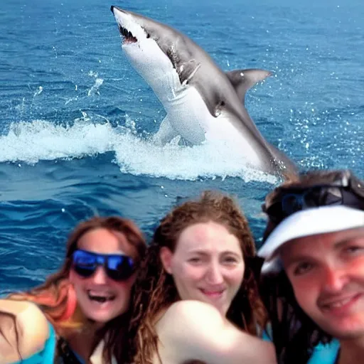 Prompt: great - white shark jumping out of the water posing for a photo with people on a boat