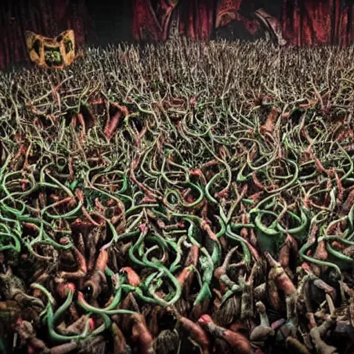 Prompt: Photo of a million Skaven worshipping a piece of warpstone