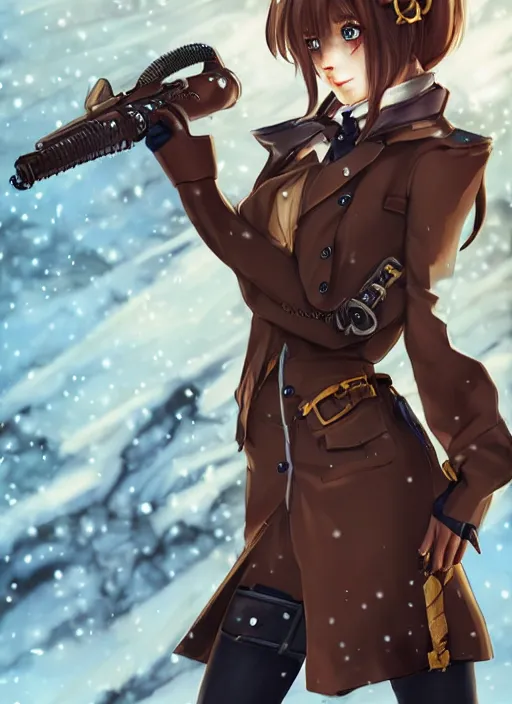 Image similar to girl with steampunk weapons and uniform, serious, intense, finely detailed, made by artgerm, full body portrait, illustration, snow, snowing, cloudy, anime, side view, perfect anime face, realistic face, zoomed out, smooth, brown eyes, high waisted shorts, sharp focus, key visual of your name