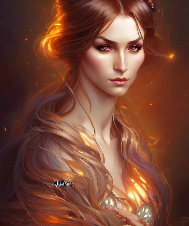 Image similar to fantasy magic woman portrait, sci-fi, amber eyes, face, long hair, fantasy, intricate, elegant, highly detailed, digital painting, artstation, concept art, smooth, sharp focus, illustration, art by artgerm and greg rutkowski and alphonse mucha