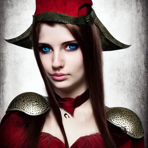Prompt: head and shoulders portrait of a female knight, elf, steampunk, vogue fashion photo