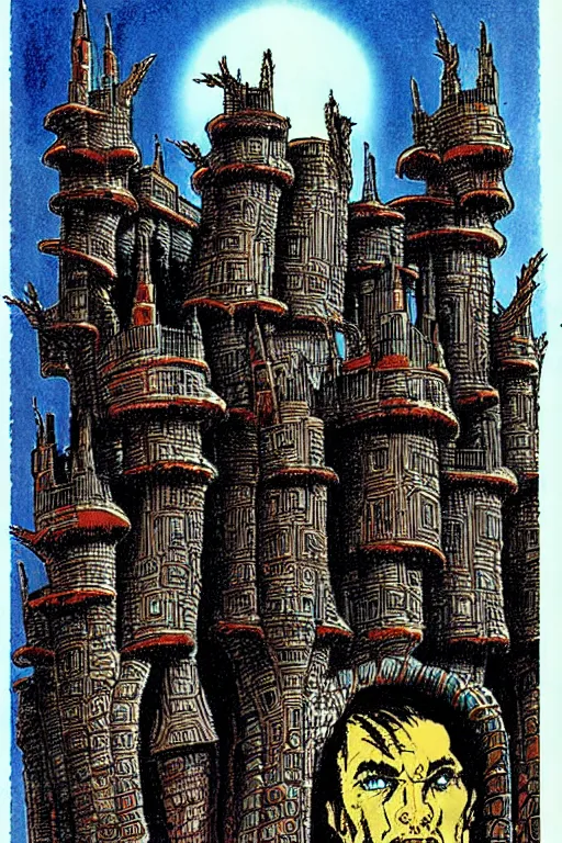 Prompt: castle with soldier foreground by Philippe Druillet