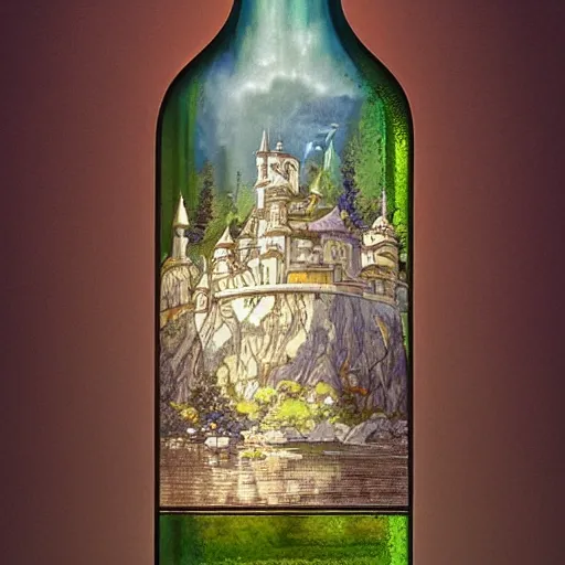 Prompt: a beautiful 🏰 contained inside an ornate vintage bottle by charles vess, studio ghibli & james gurney, artstation, 8 k, beautiful light, hyperrealism, studio photography